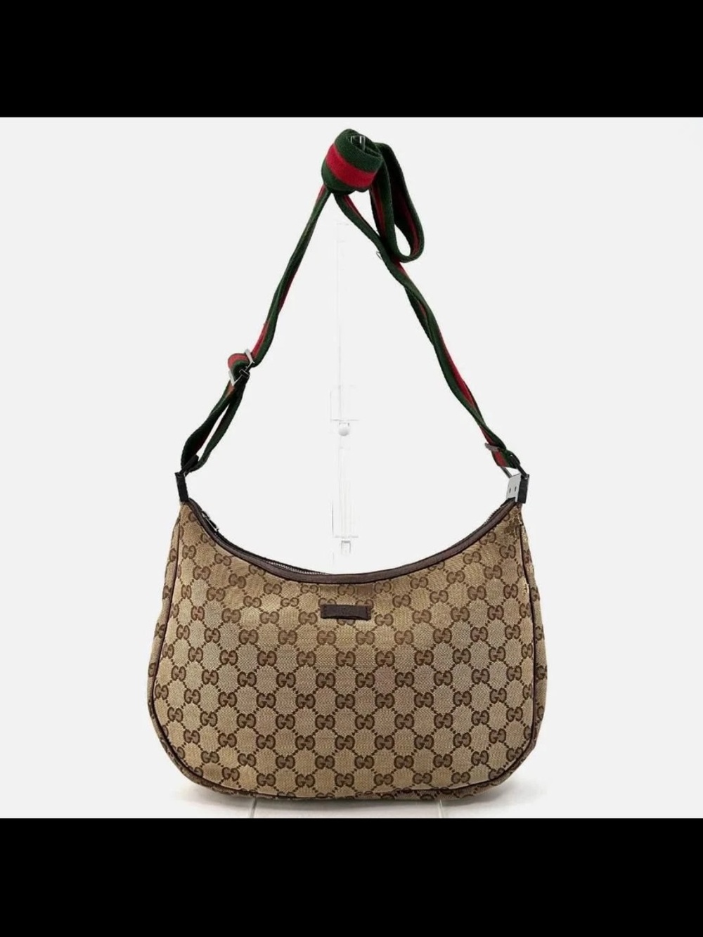 Gucci Beige GG Supreme Canvas Shoulder Bag with Green-Red Strap